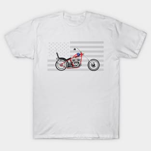 Illustrated American Chopper Motorcycle Low Rider with Grey American Flag as Background T-Shirt